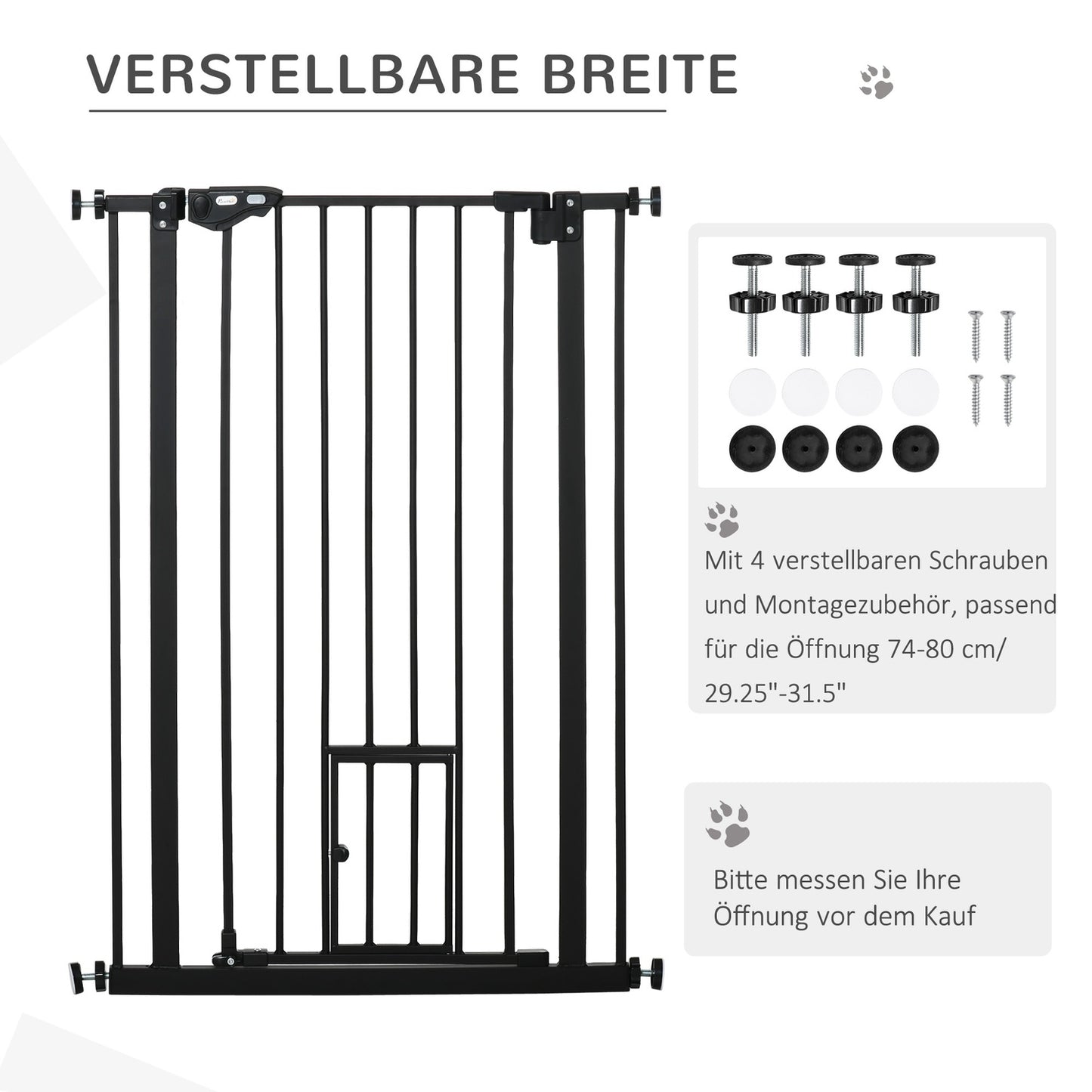 Adjustable dog gate with auto lock | 74-80x104cm, No-Drill, Black