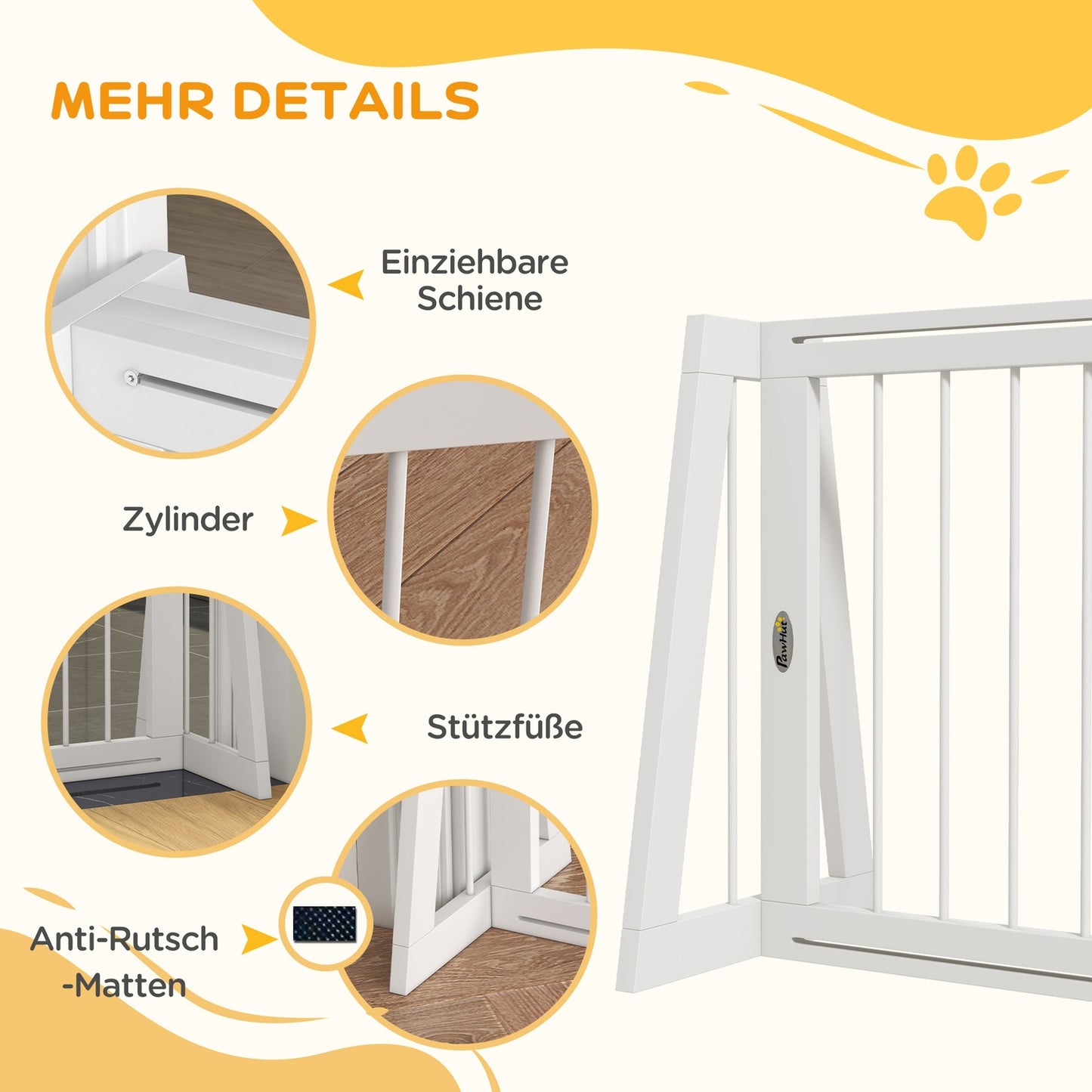 Retractable wooden dog gate, 3 panels, white, 71-190 cm