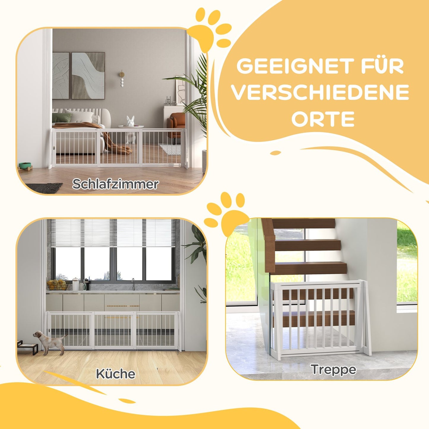 Retractable wooden dog gate, 3 panels, white, 71-190 cm