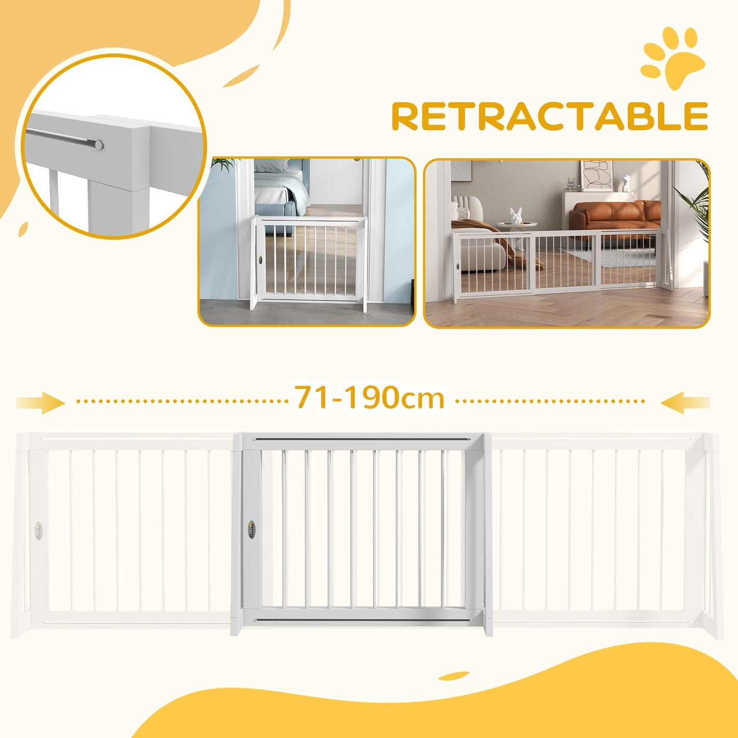Retractable wooden dog gate, 3 panels, white, 71-190 cm
