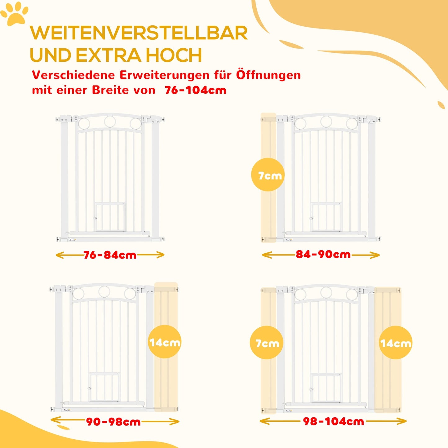 Dog protection gate with cat door, Adjustable 76-104 cm, Drill-free steel