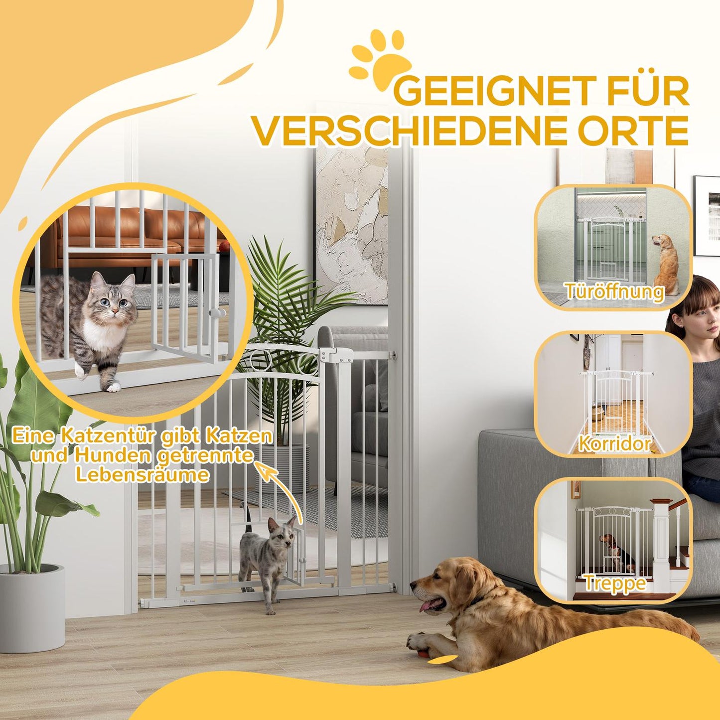 Dog protection gate with cat door, Adjustable 76-104 cm, Drill-free steel