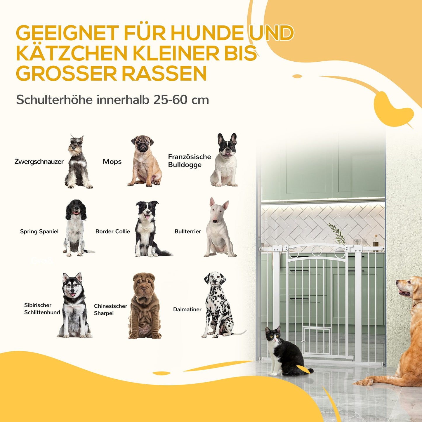 Dog protection gate with cat door, Adjustable 76-104 cm, Drill-free steel