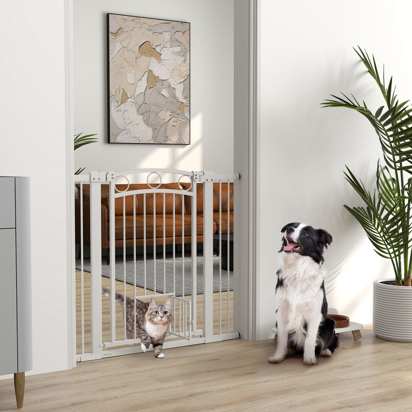 Dog protection gate with cat door, Adjustable 76-104 cm, Drill-free steel