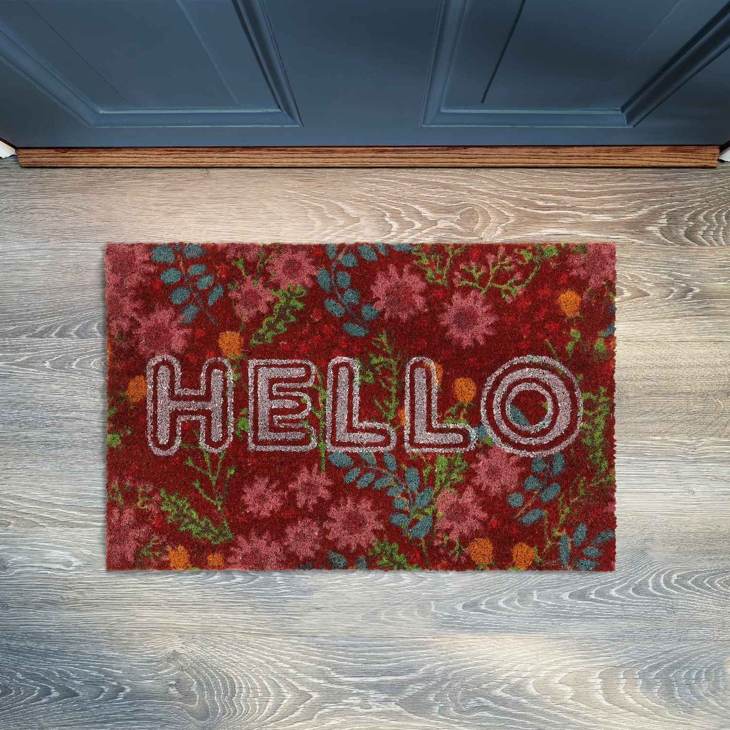 Doormat coconut fiber "Hello" with flowers