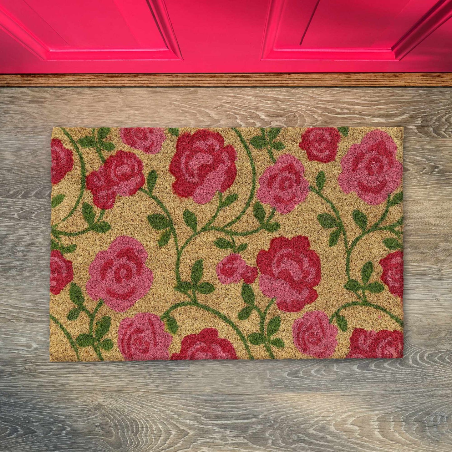 Door mat made of coconut fiber with beautiful roses