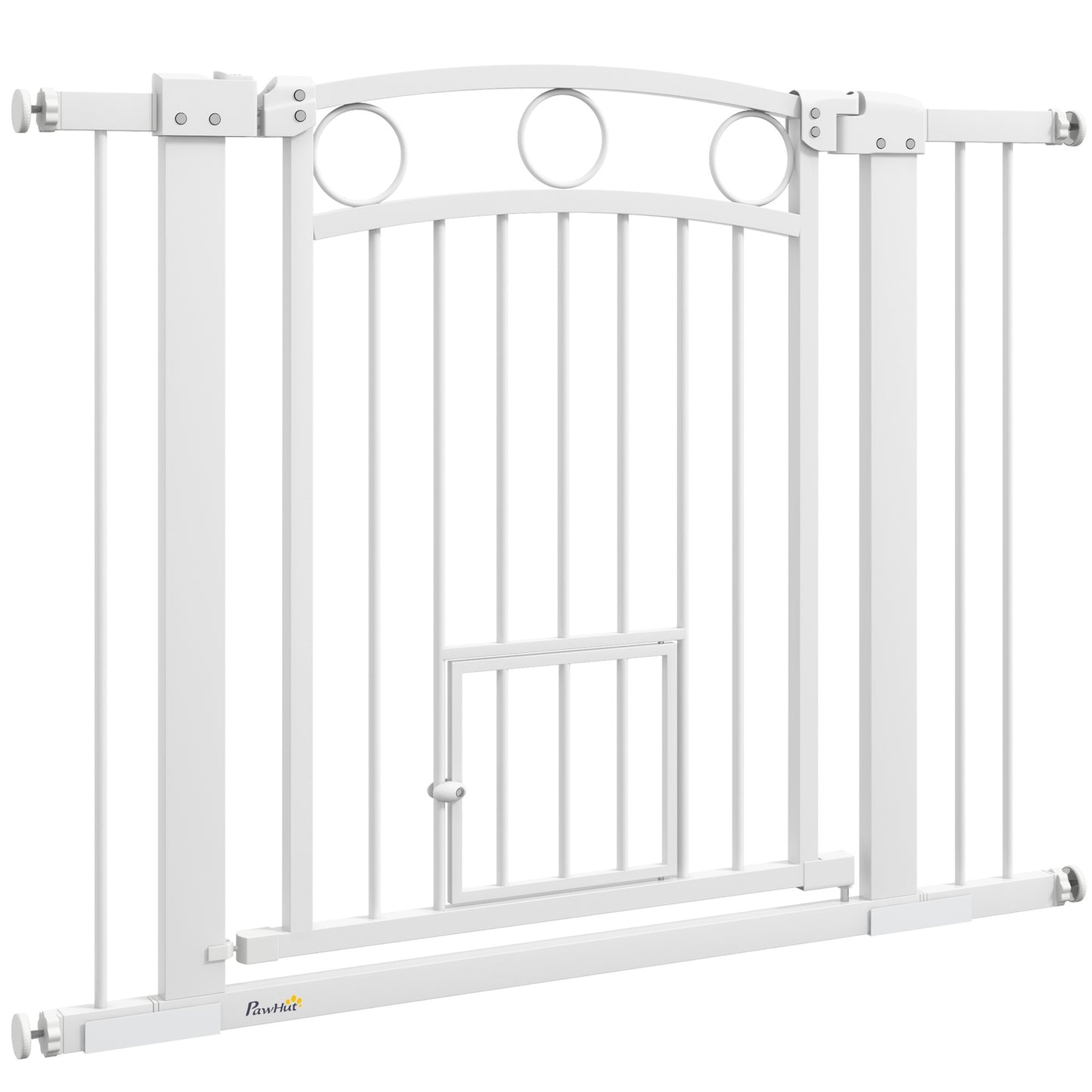 Lockable steel stair gate with cat door, 76-104 cm, White