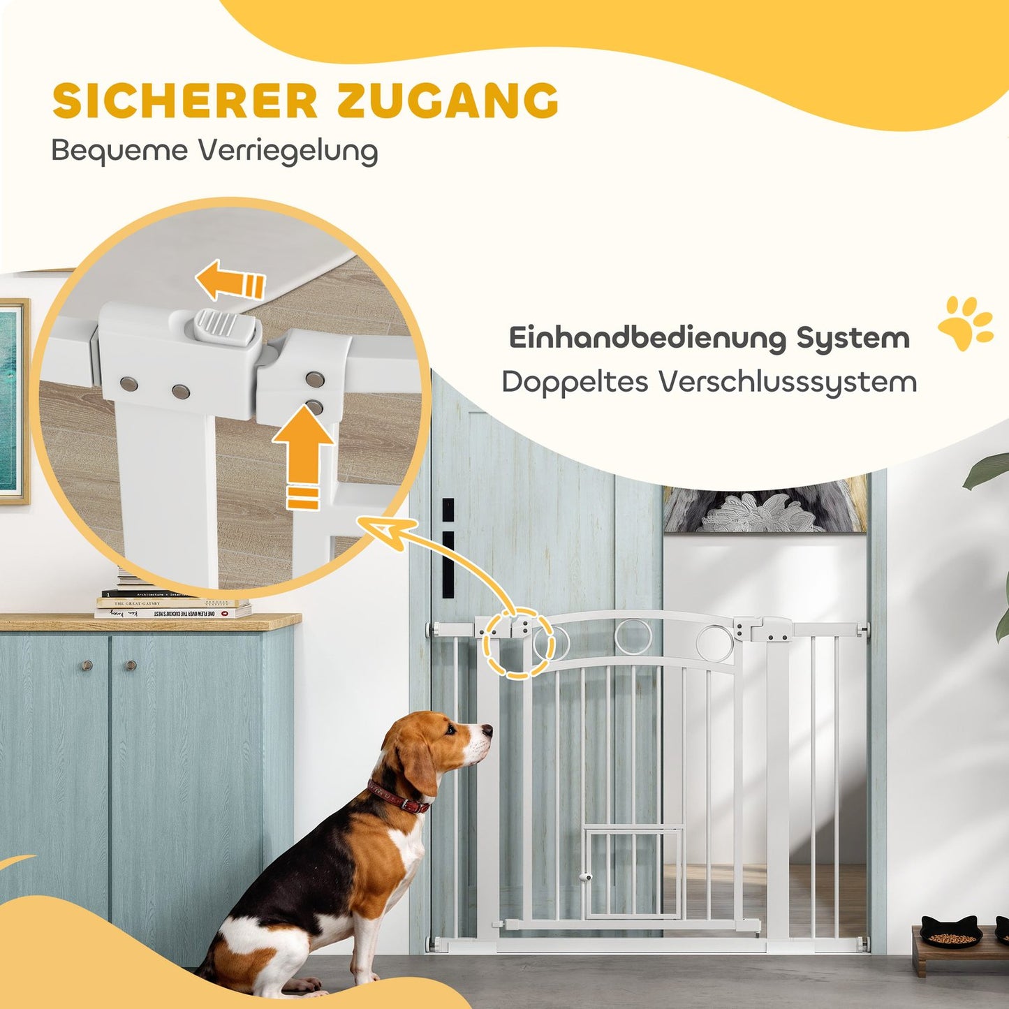 Lockable steel stair gate with cat door, 76-104 cm, White