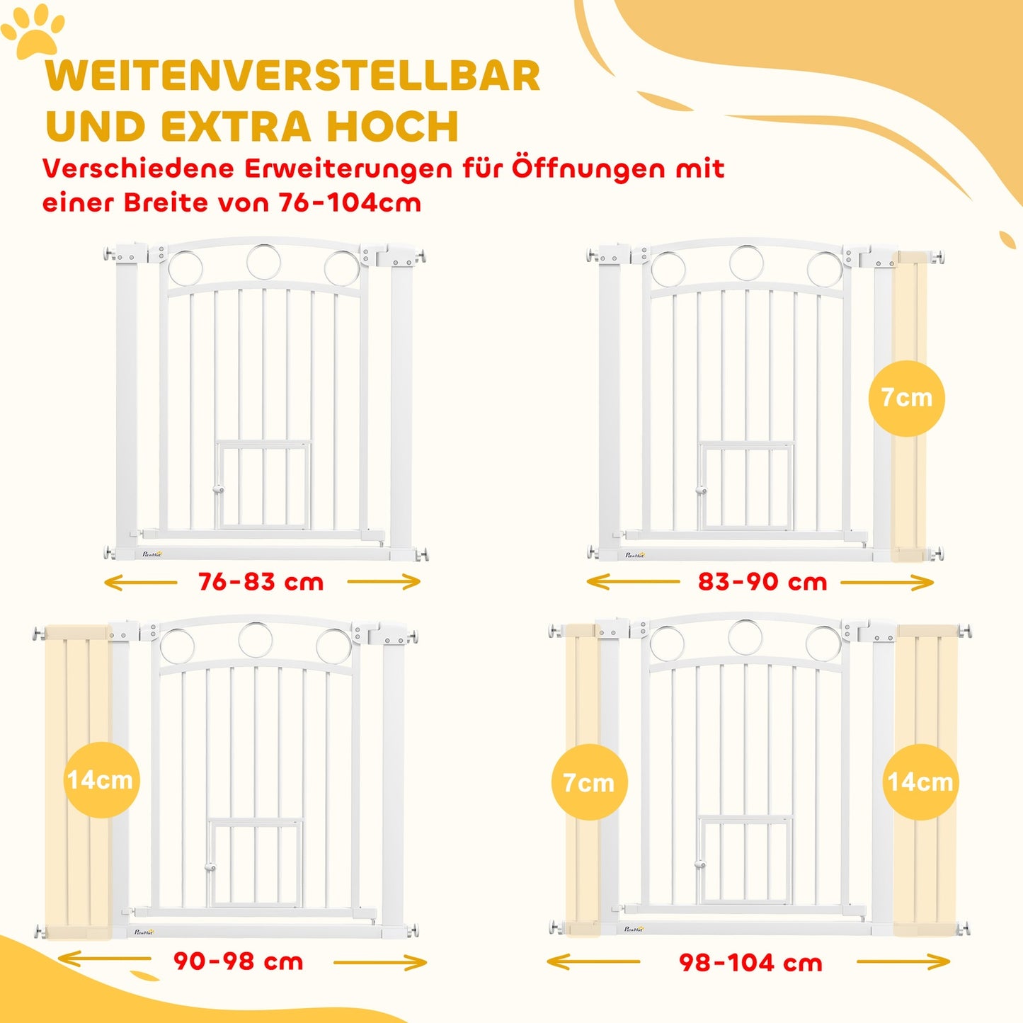 Lockable steel stair gate with cat door, 76-104 cm, White