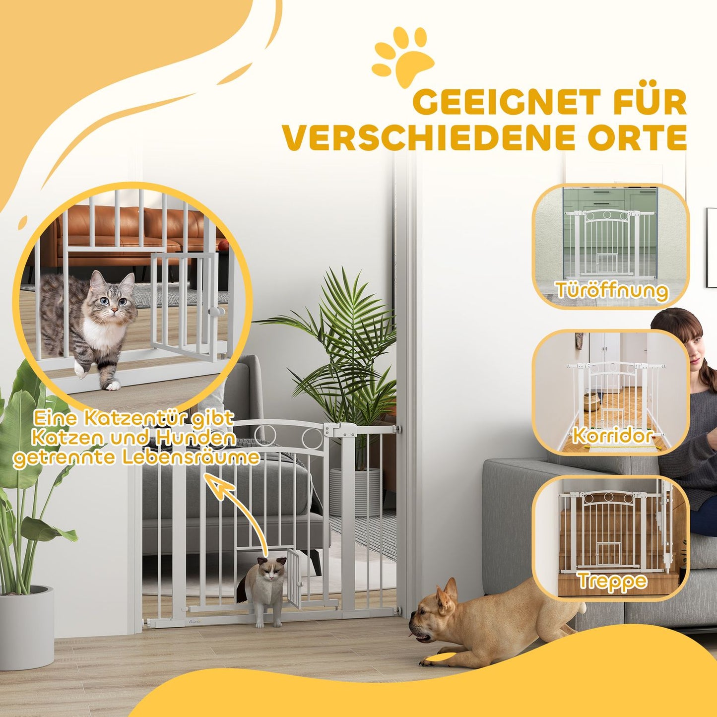 Lockable steel stair gate with cat door, 76-104 cm, White