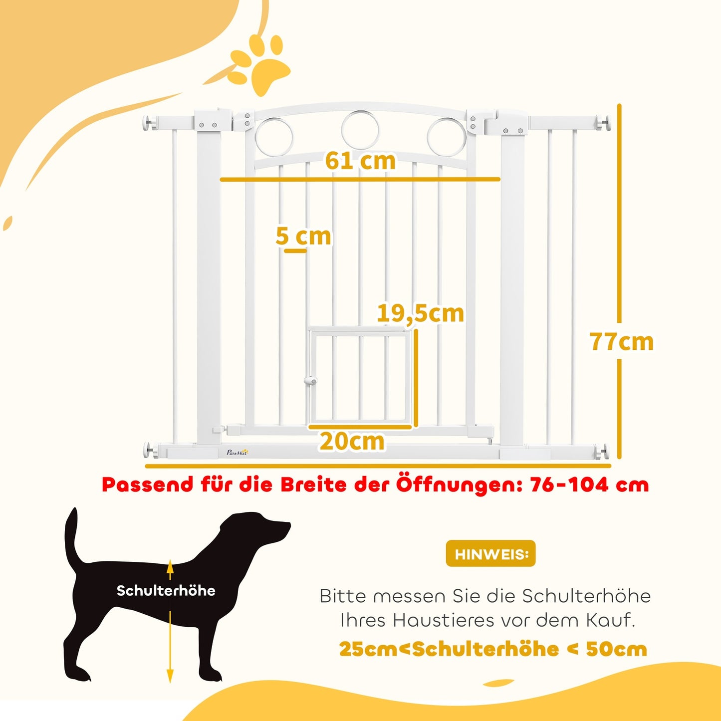Lockable steel stair gate with cat door, 76-104 cm, White