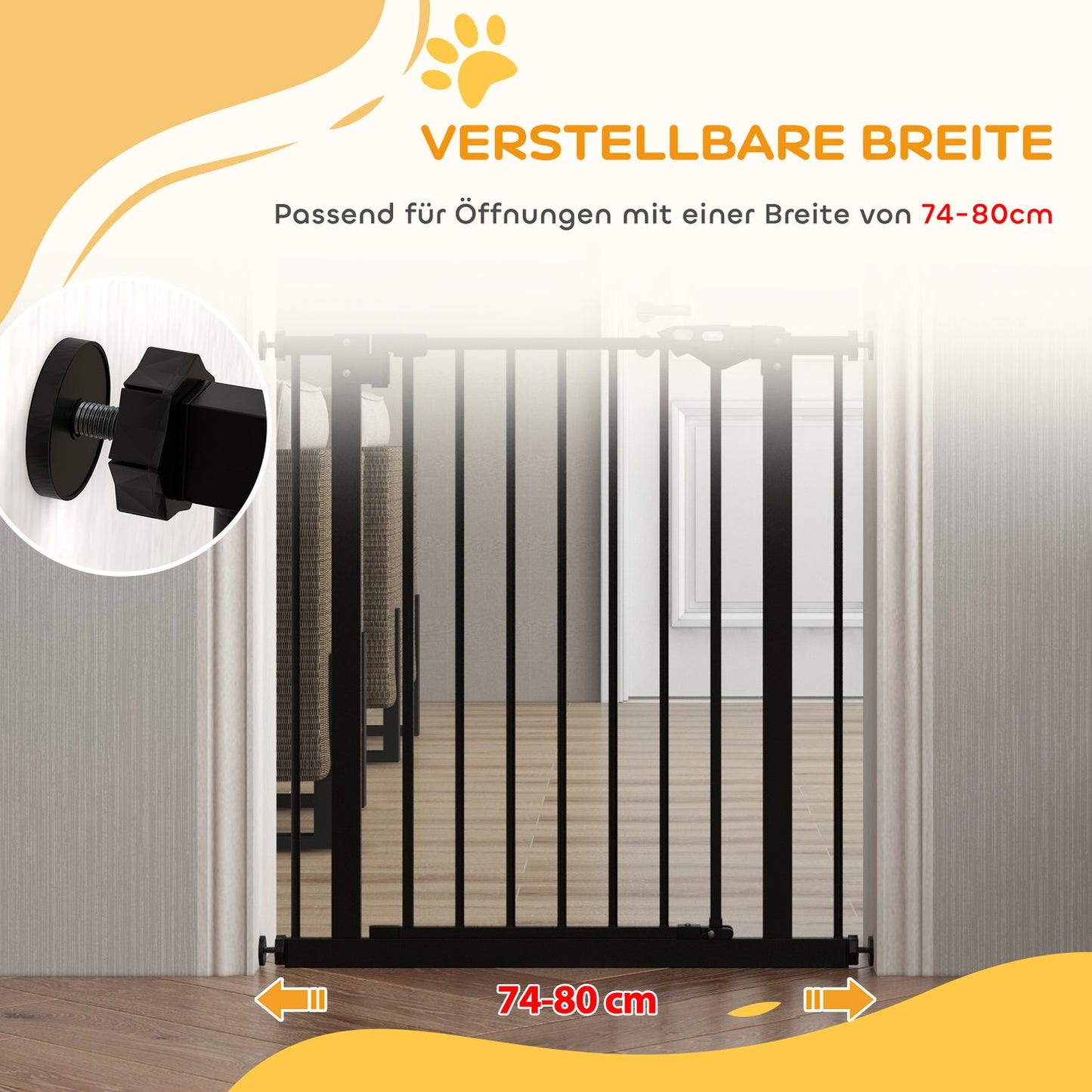 Dog safety stair gate, 74-80 cm, Metal & Plastic, Black