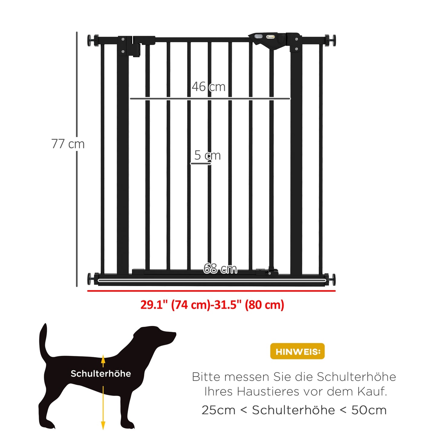 Dog safety stair gate, 74-80 cm, Metal & Plastic, Black
