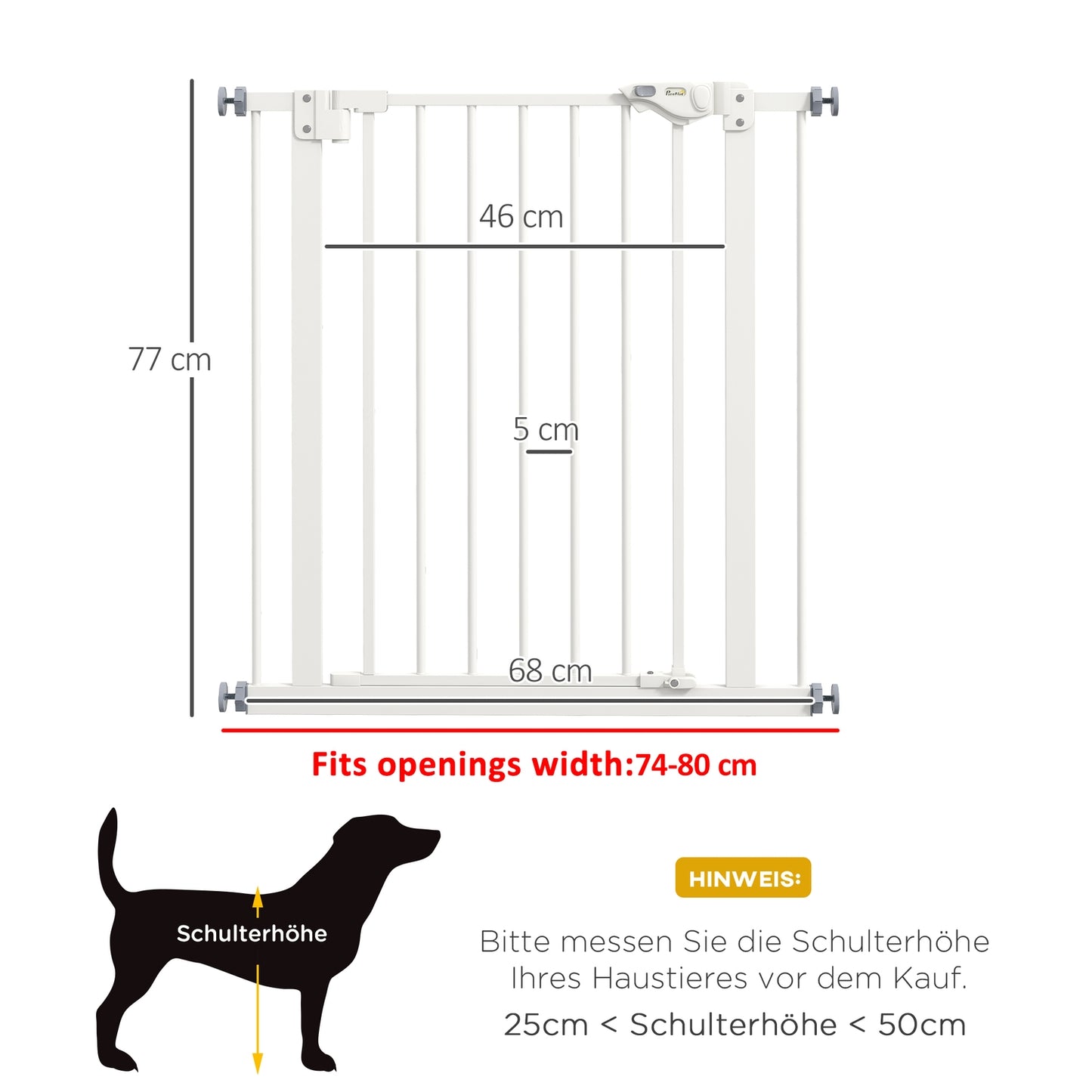 Dog Safety Gate, 74-80 cm, No-Drill, Metal & Plastic