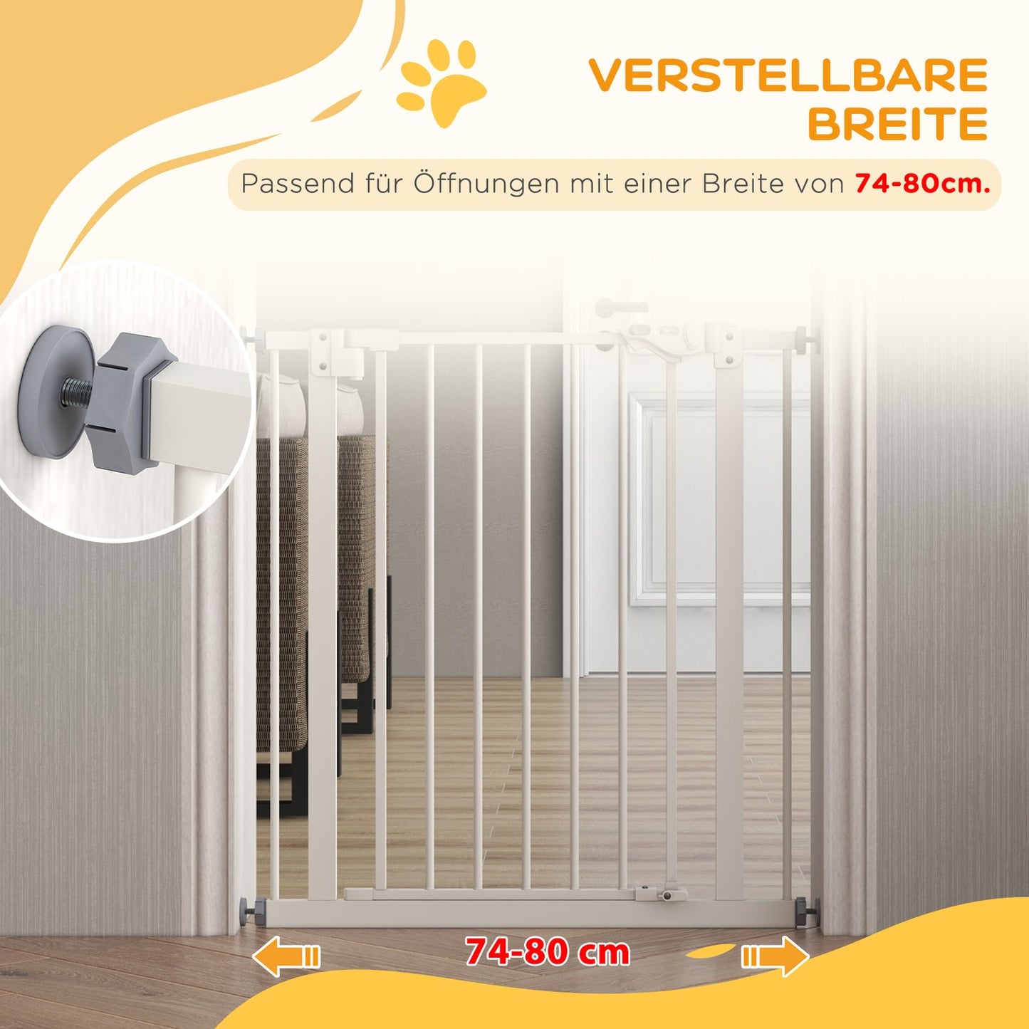 Dog Safety Gate, 74-80 cm, No-Drill, Metal & Plastic