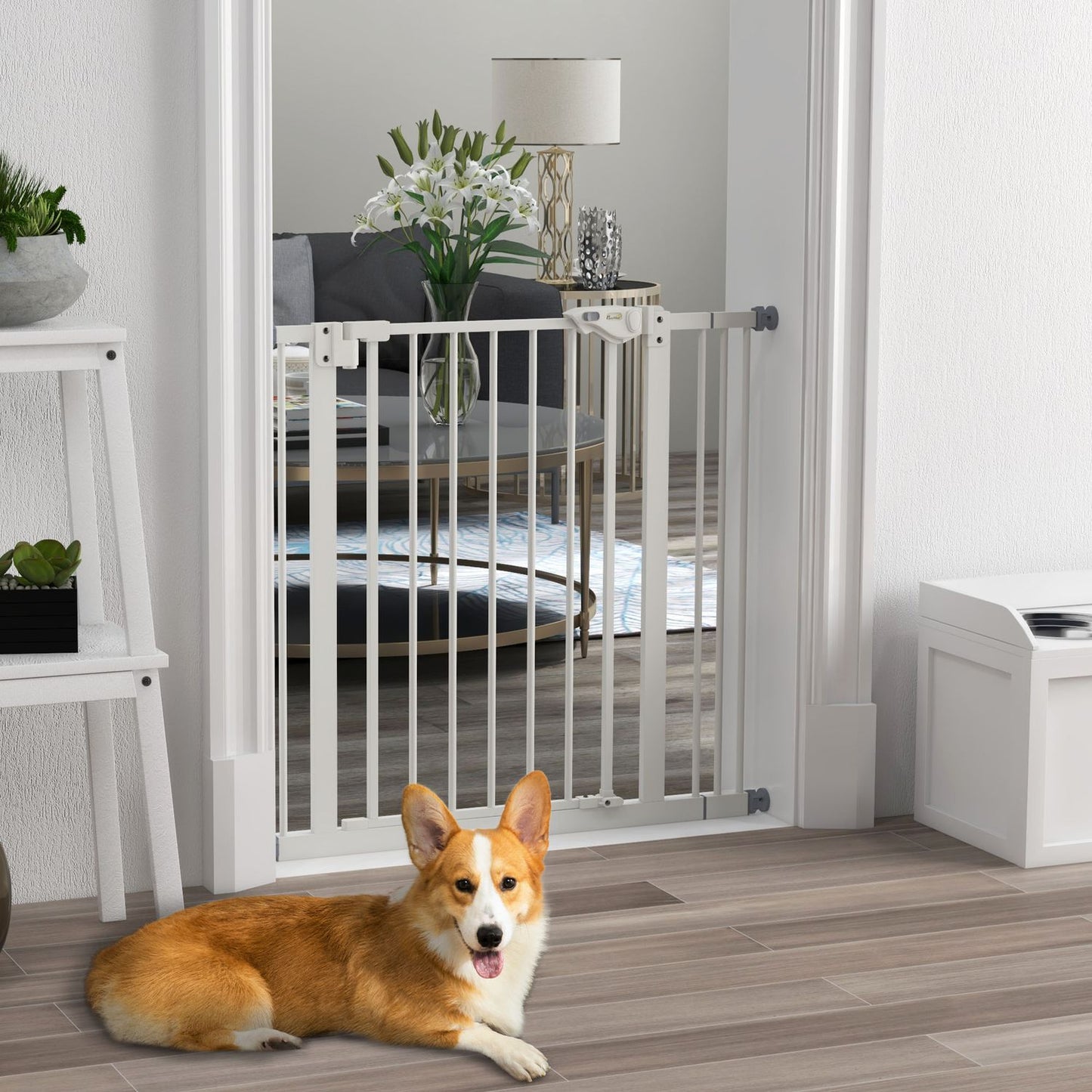 Dog protection gate, 74-87cm, Stair barrier, No drill, White