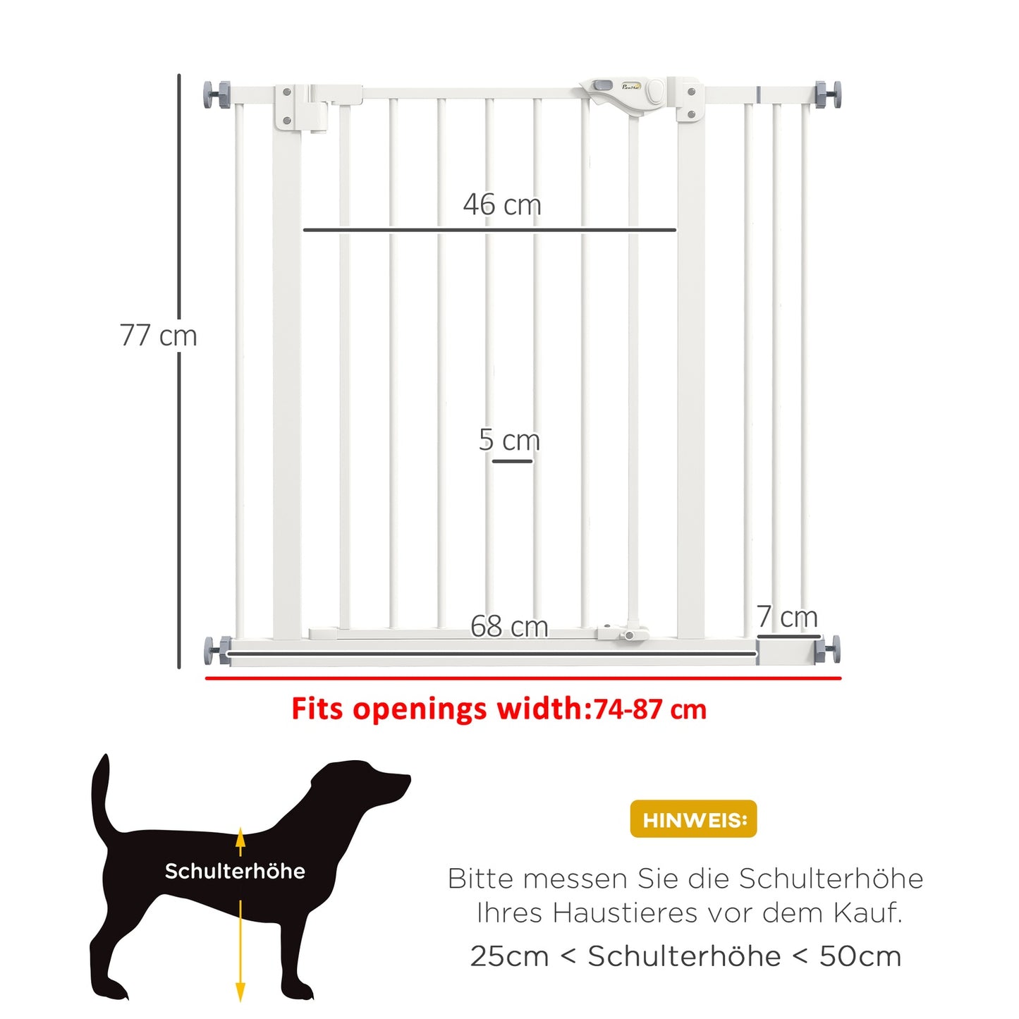 Dog protection gate, 74-87cm, Stair barrier, No drill, White