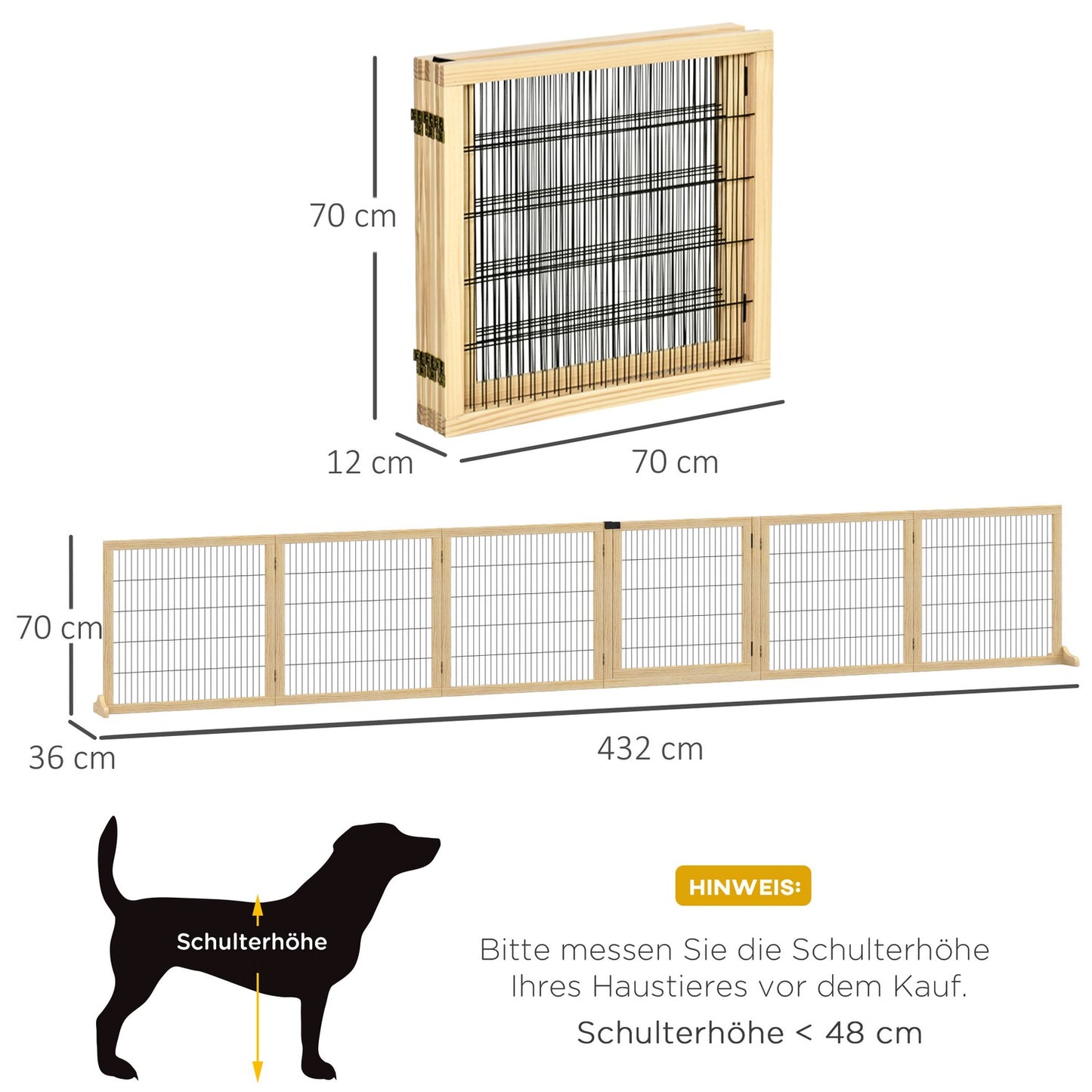 Dog protection gate with footrest, foldable pine, 432x36x70cm