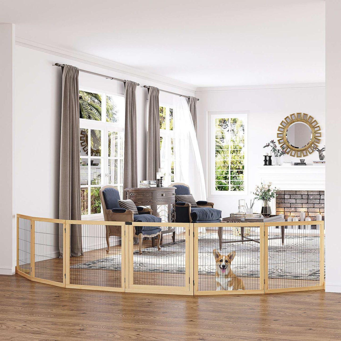 Dog protection gate with footrest, foldable pine, 432x36x70cm