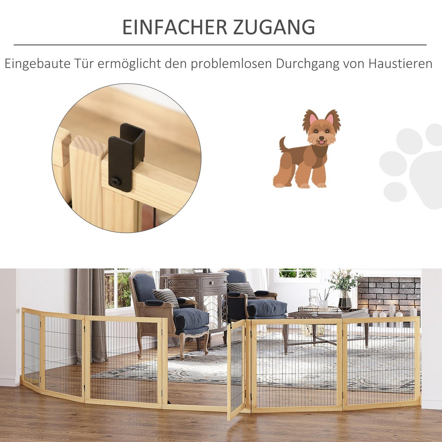 Dog protection gate with footrest, foldable pine, 432x36x70cm