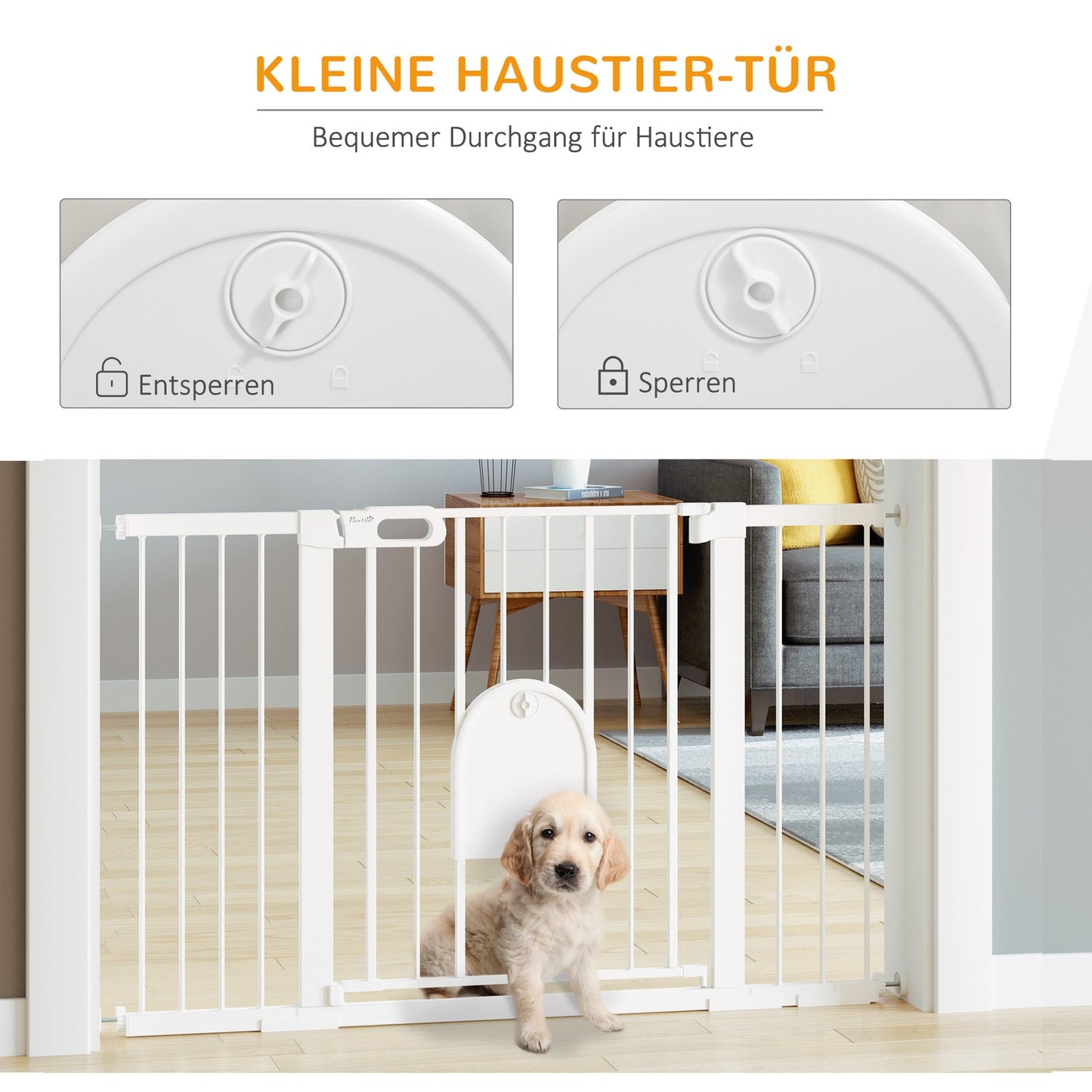 White metal stair gate, 75-131cm, secure clamp