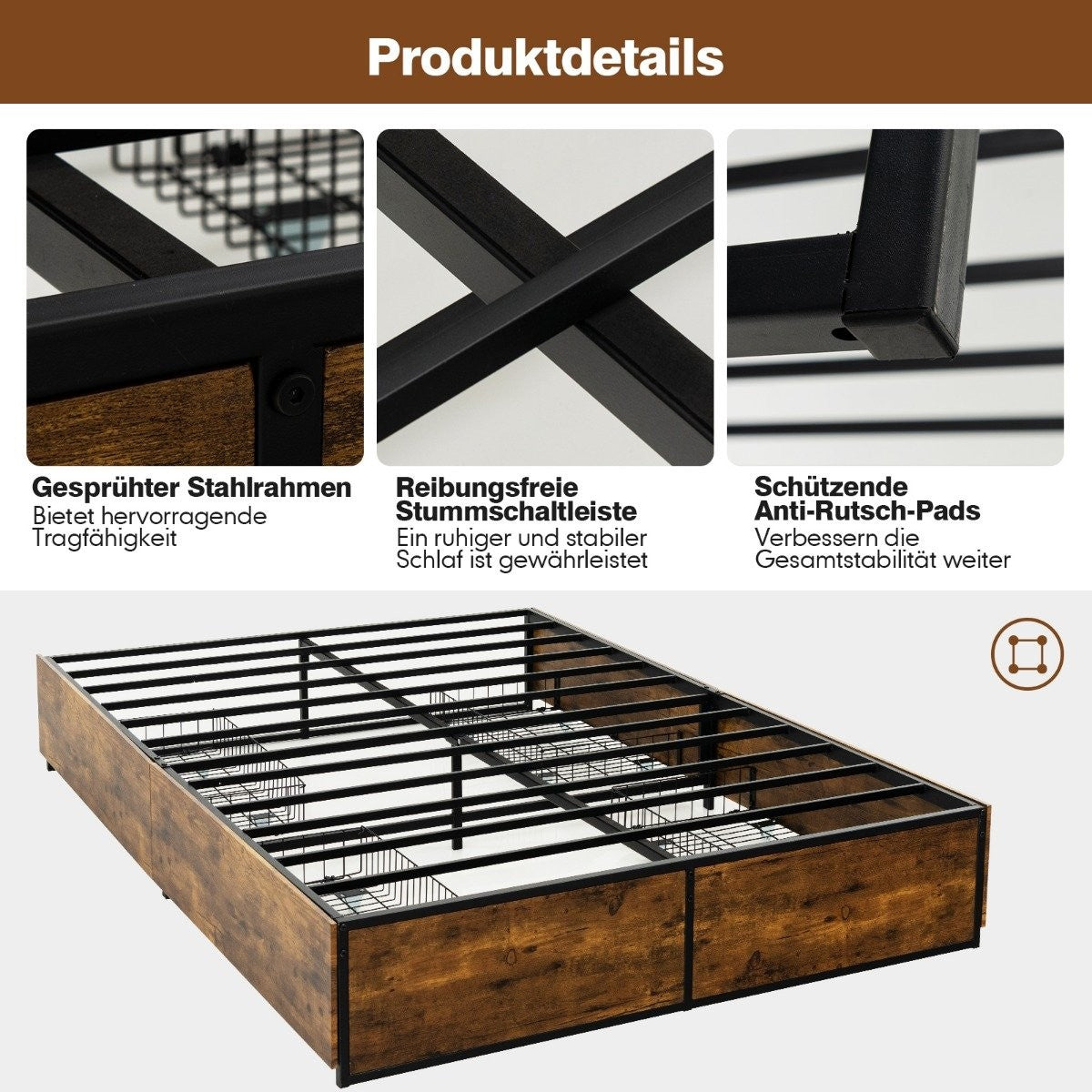 Double Bed Frame Heavy Duty Metal Bed with 4 Drawers Wooden Base End Rustic Brown