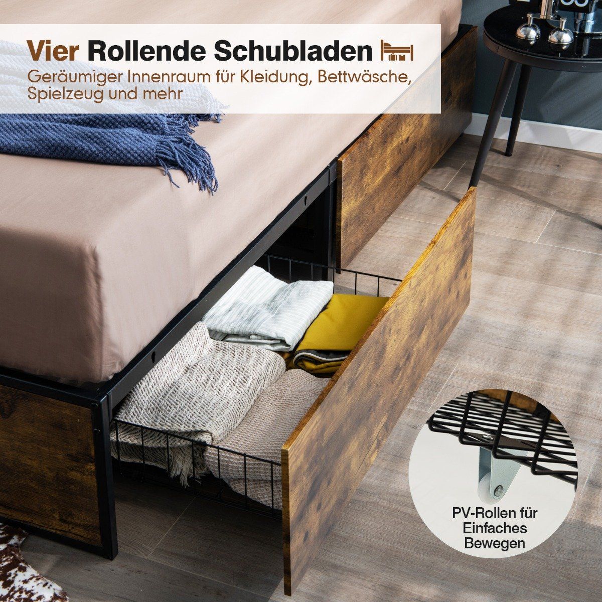 Double Bed Frame Heavy Duty Metal Bed with 4 Drawers Wooden Base End Rustic Brown