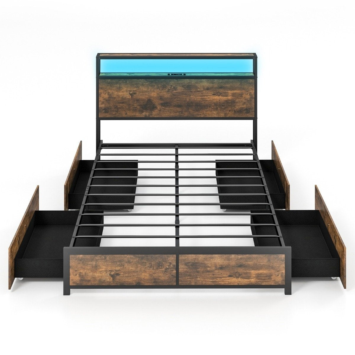 Double Bed Frame with LED Platform Bed & Drawers Noise-Free Bed Frame Rustic Brown