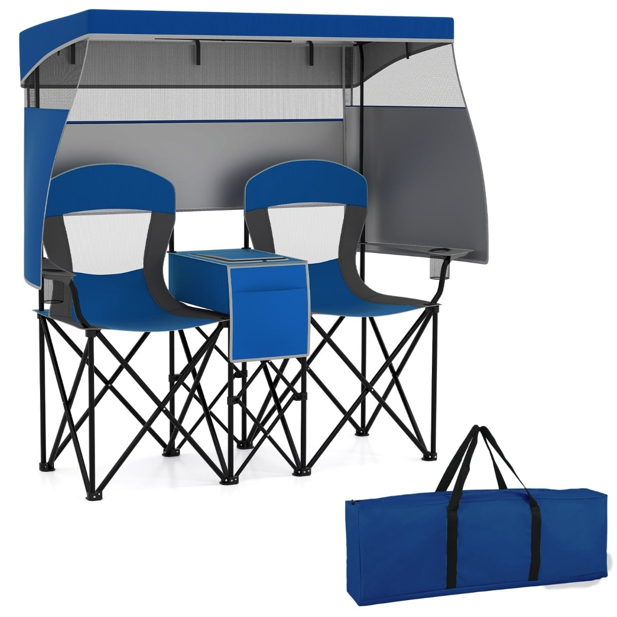 Double Camping Chair with Adjustable Canopy, Cooler & Cup Holders