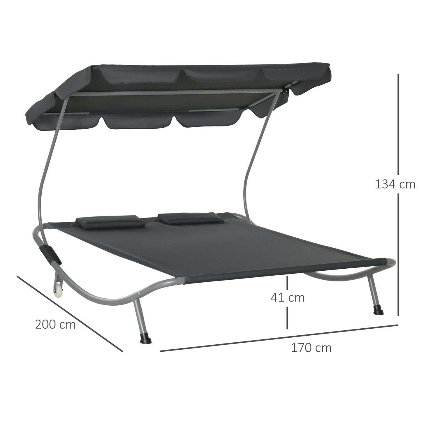 Double sun lounger in gray steel with rollable roof, 200x170x134cm