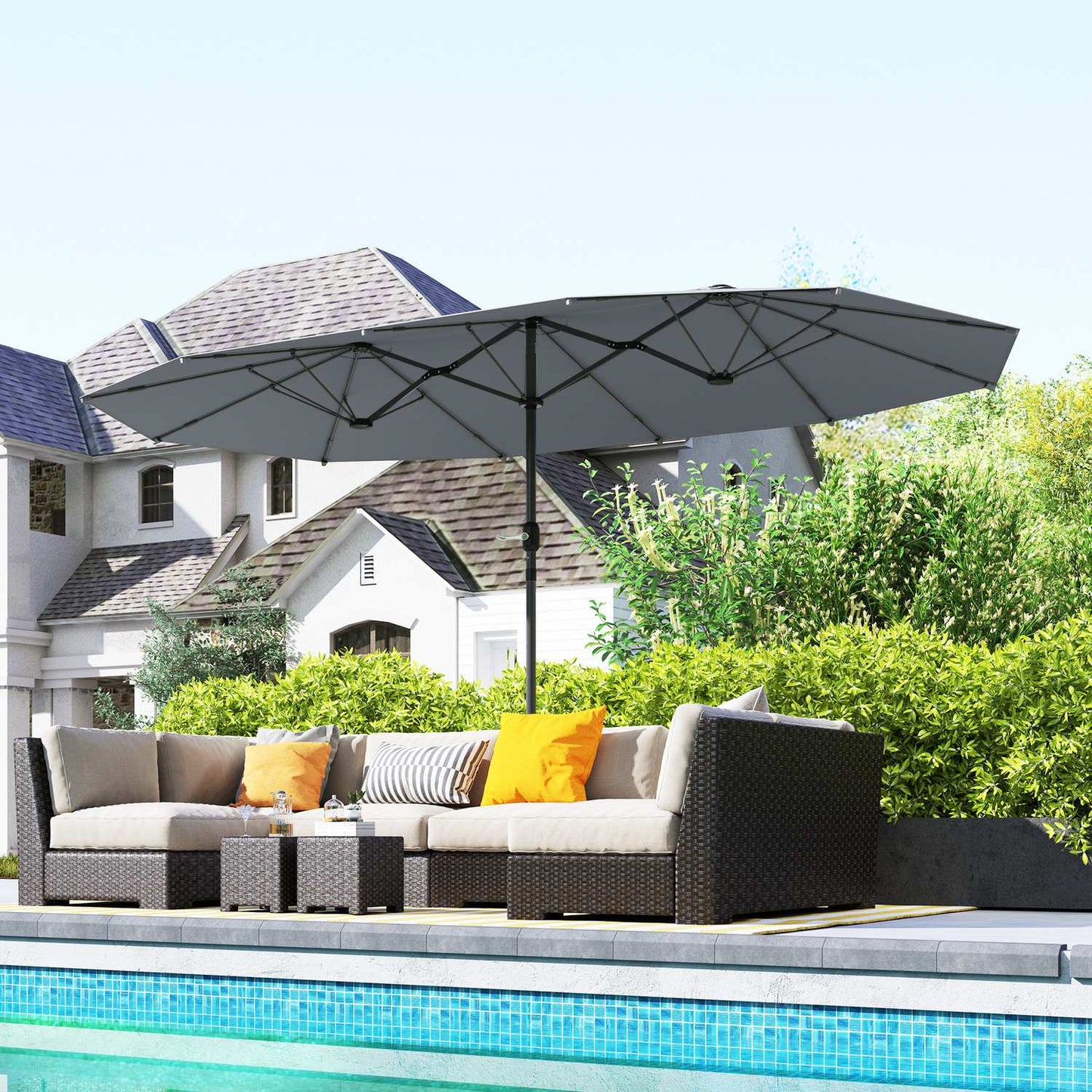 Large UV resistant oval double parasol for garden or beach