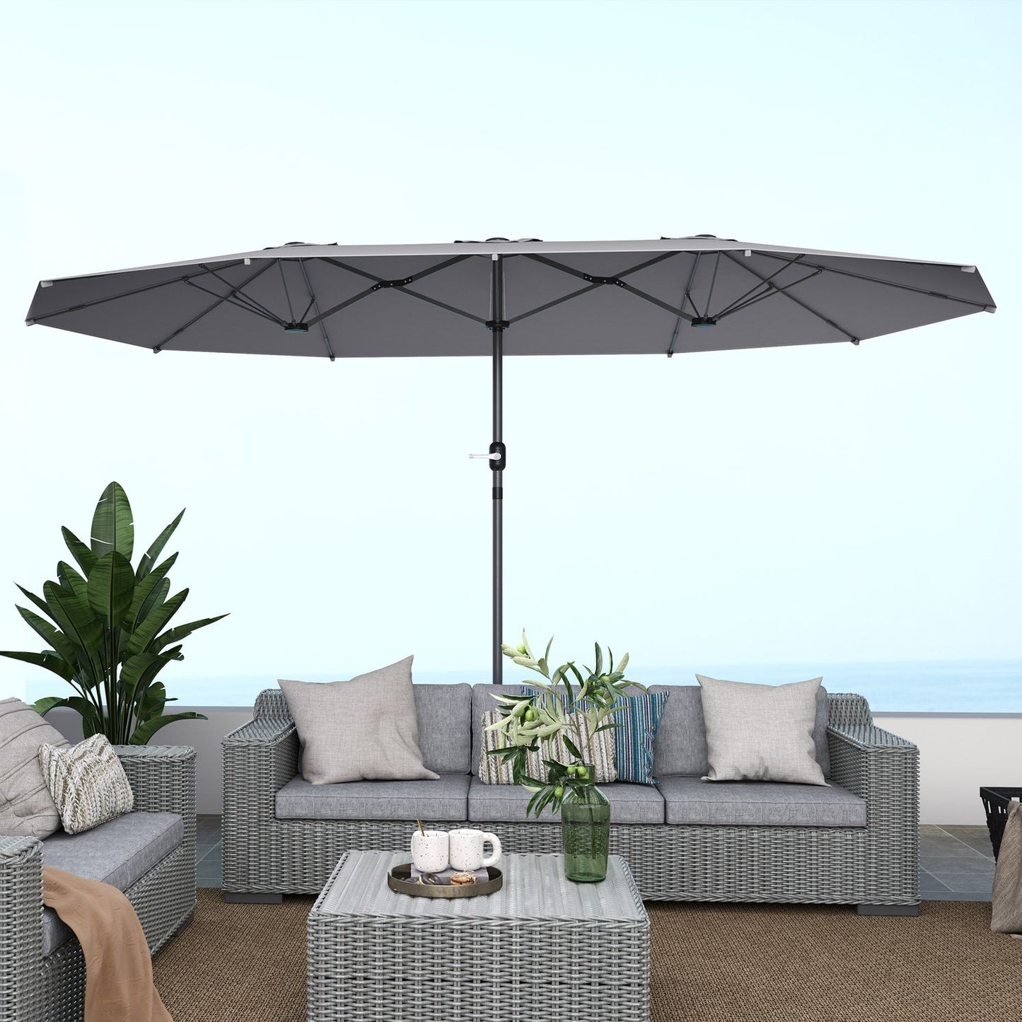 Large UV resistant oval double parasol for garden or beach