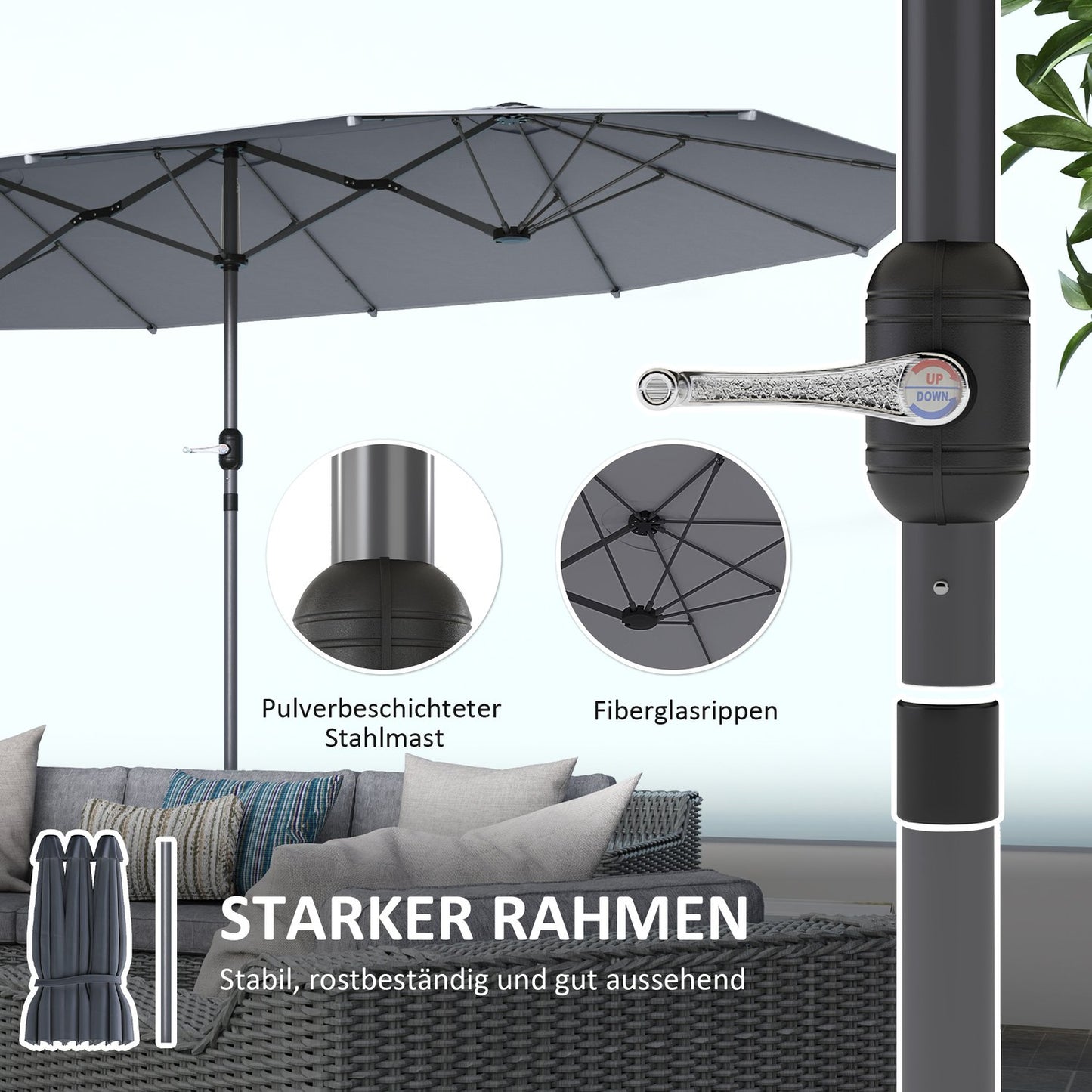 Large UV resistant oval double parasol for garden or beach