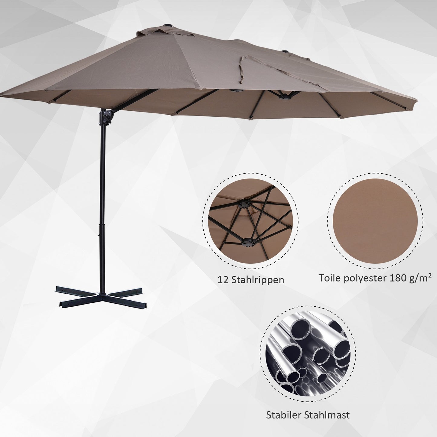Double cantilever umbrella, adjustable sun protection, brown