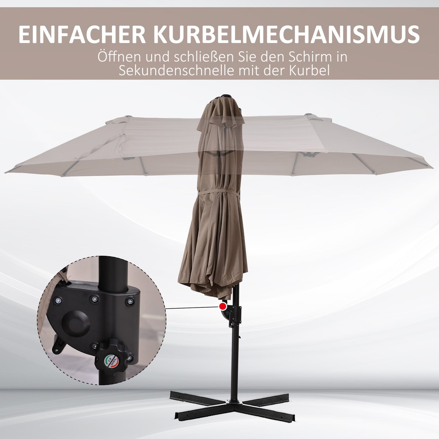Double cantilever umbrella, adjustable sun protection, brown