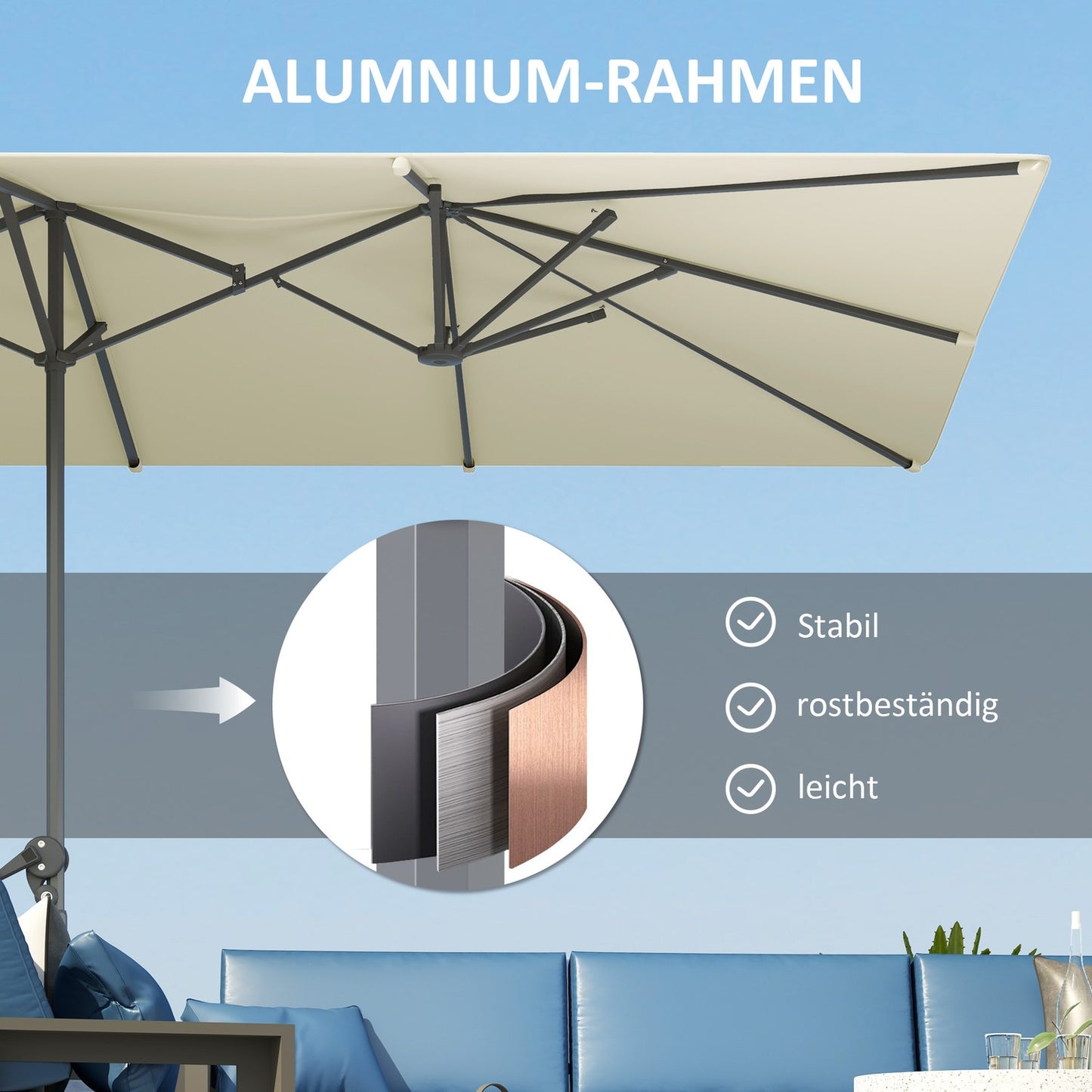 Double parasol, windproof UV50+ 451x264cm, Creamy white