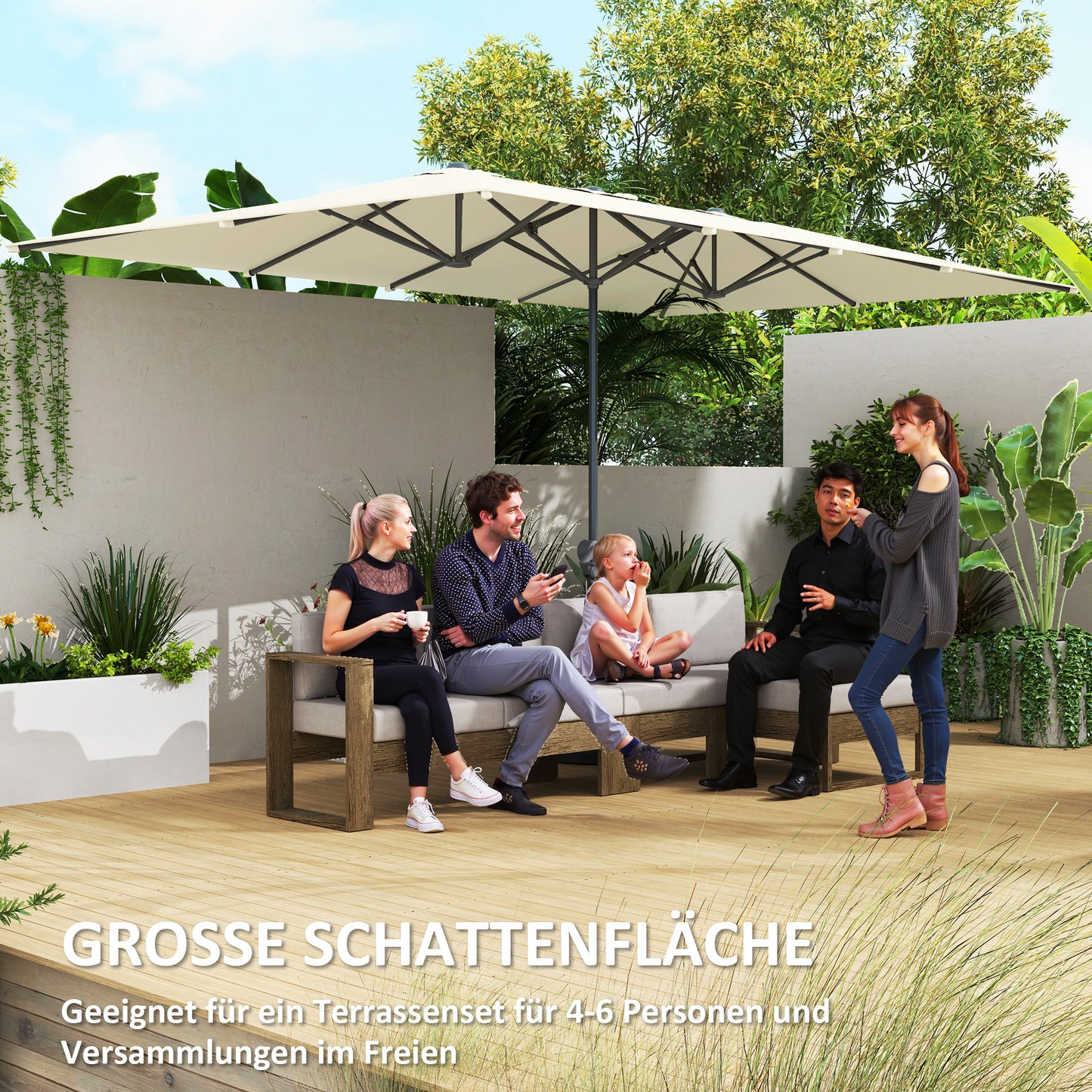 Double parasol, windproof UV50+ 451x264cm, Creamy white