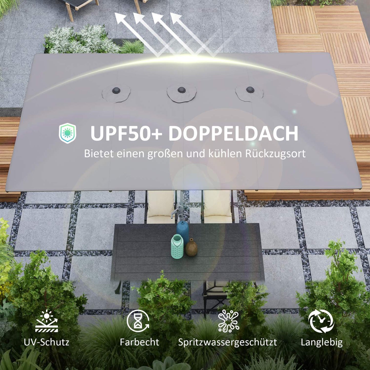 Double garden umbrella - 451 x 264 cm, UV 50+, windproof