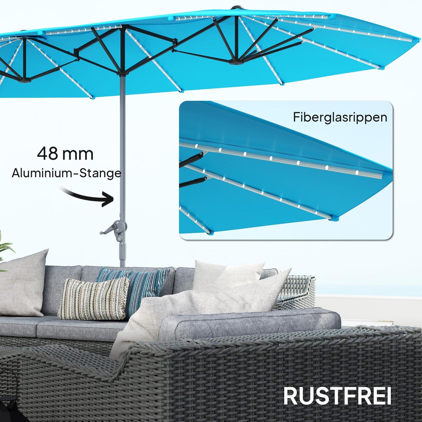Double parasol with solar cell LEDs, UV 50+ aluminum - blue