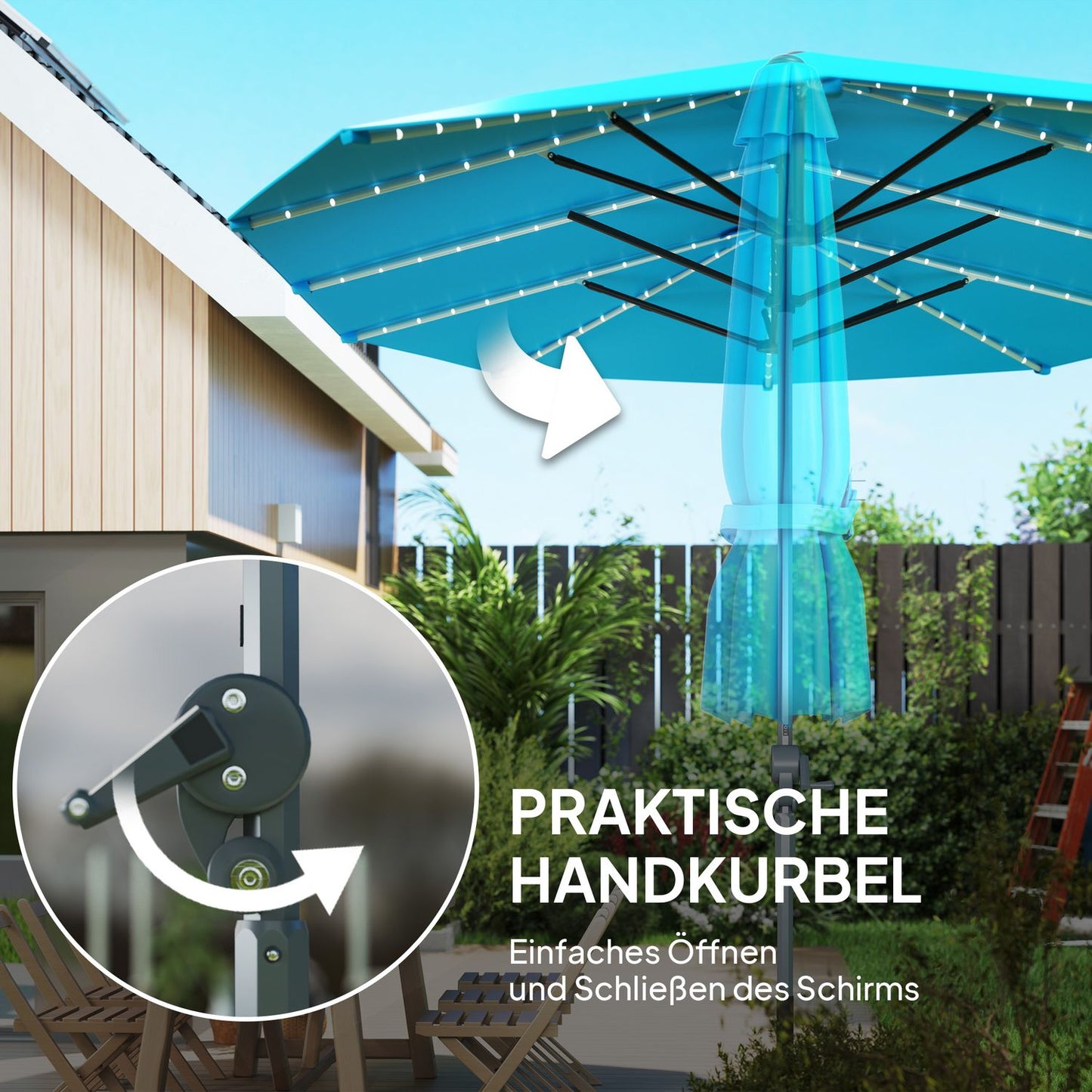 Double parasol with solar cell LEDs, UV 50+ aluminum - blue