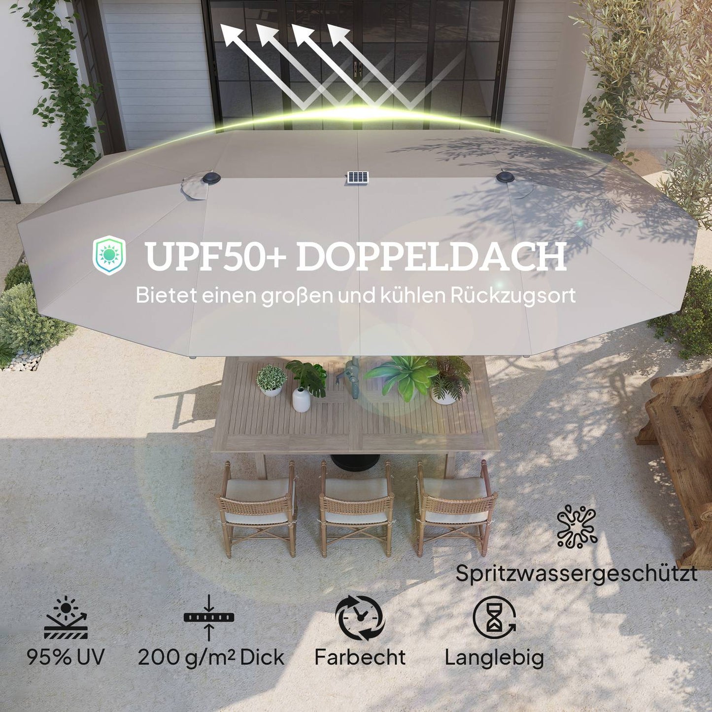 Double parasol with LED, UV50+ protection, dark grey