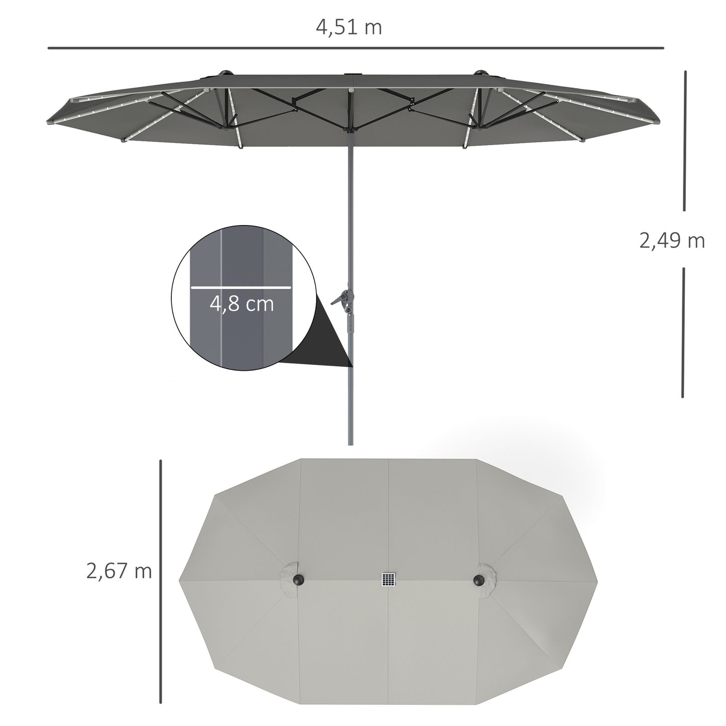 Double parasol with LED, UV50+ protection, dark grey