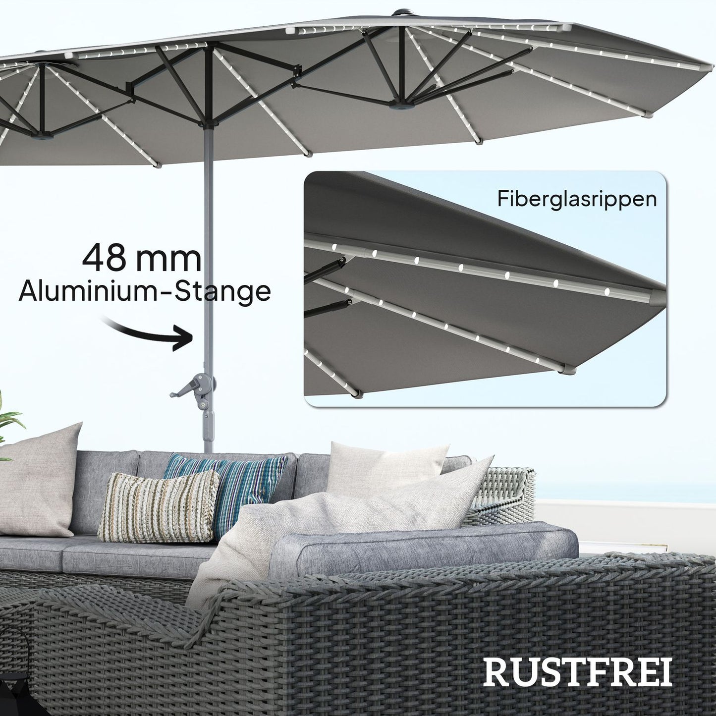 Double parasol with LED, UV50+ protection, dark grey
