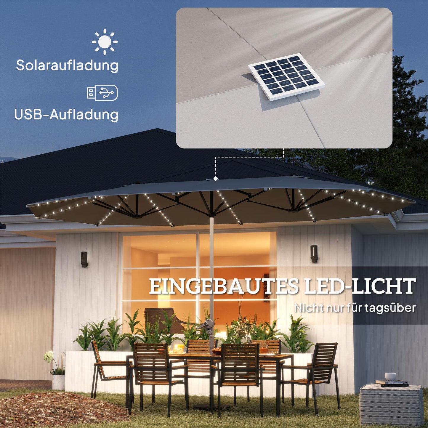 Double parasol with LED, UV50+ protection, dark grey