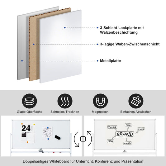 Double Sided Magnetic Mobile Whiteboard Adjustable Dry Erase Board on Wheels White