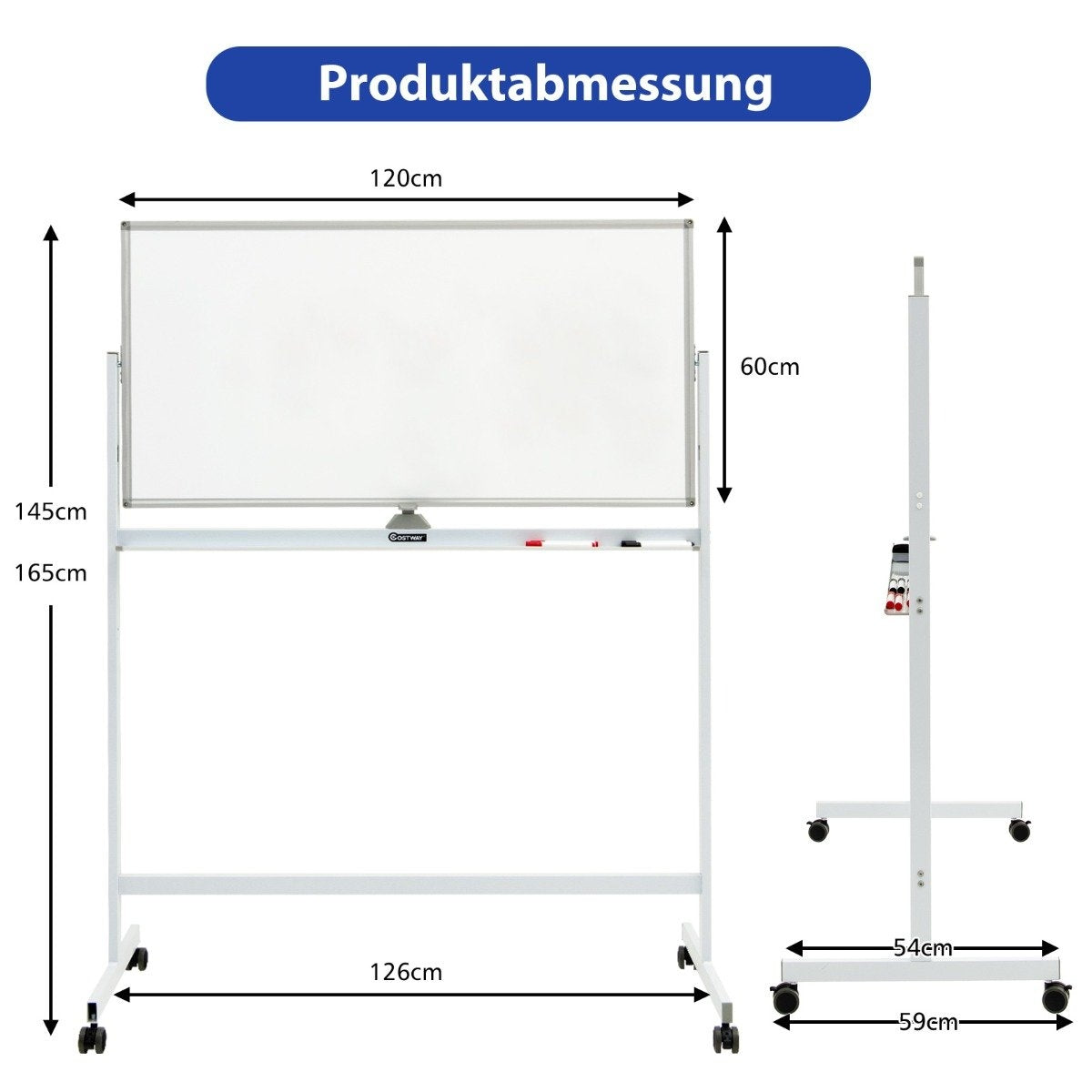 Double Sided Magnetic Mobile Whiteboard Adjustable Dry Erase Board on Wheels White