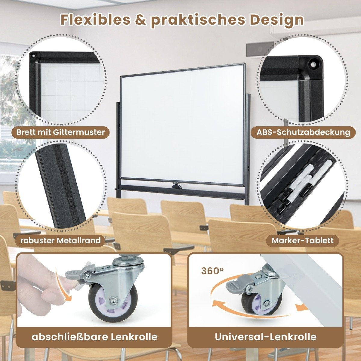 Double-Sided Mobile Whiteboard with Grid Pattern & Stand & Pen Tray 120 x 90 cm Black