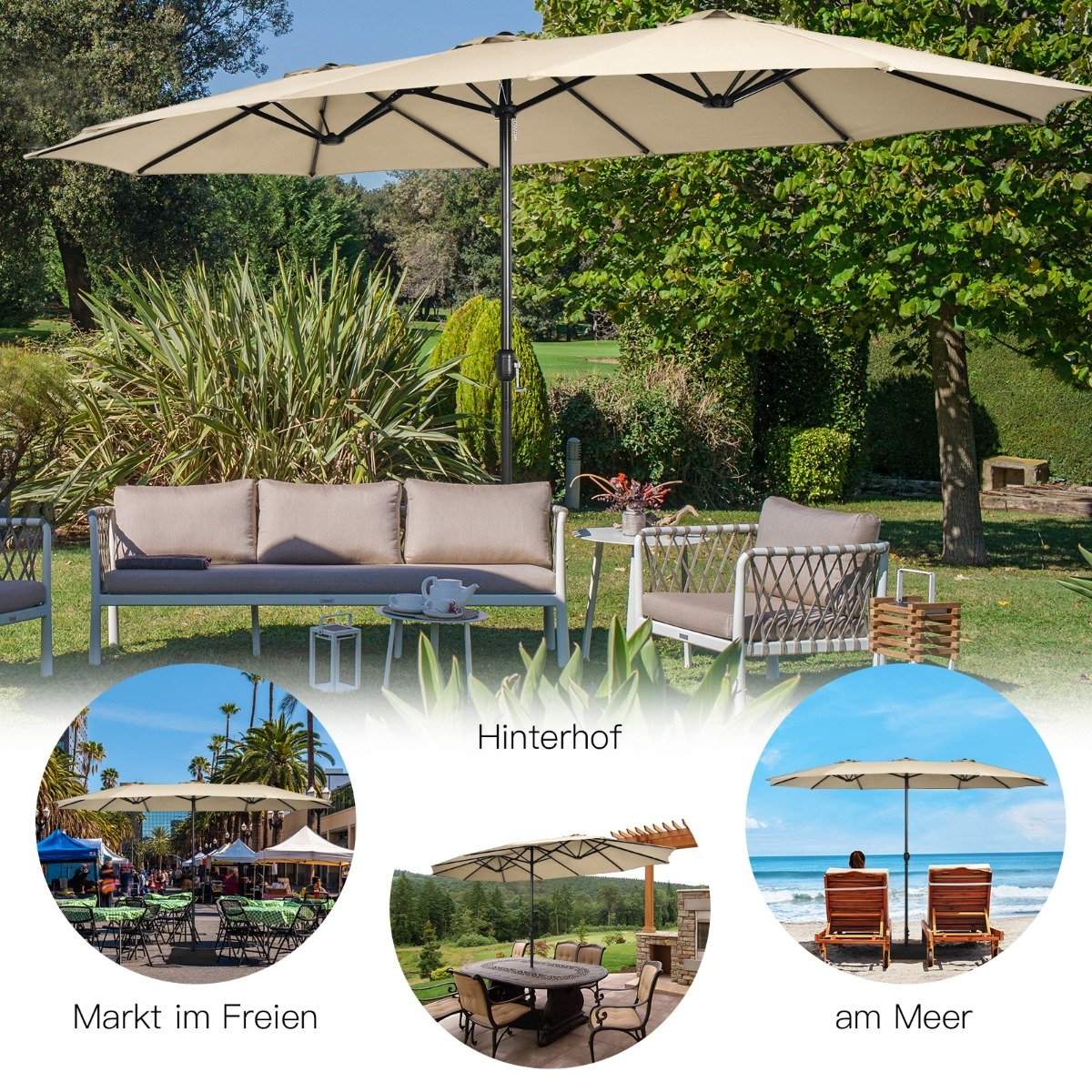 Double-Sided Patio Umbrella with Stand, Crank, UPF 50+