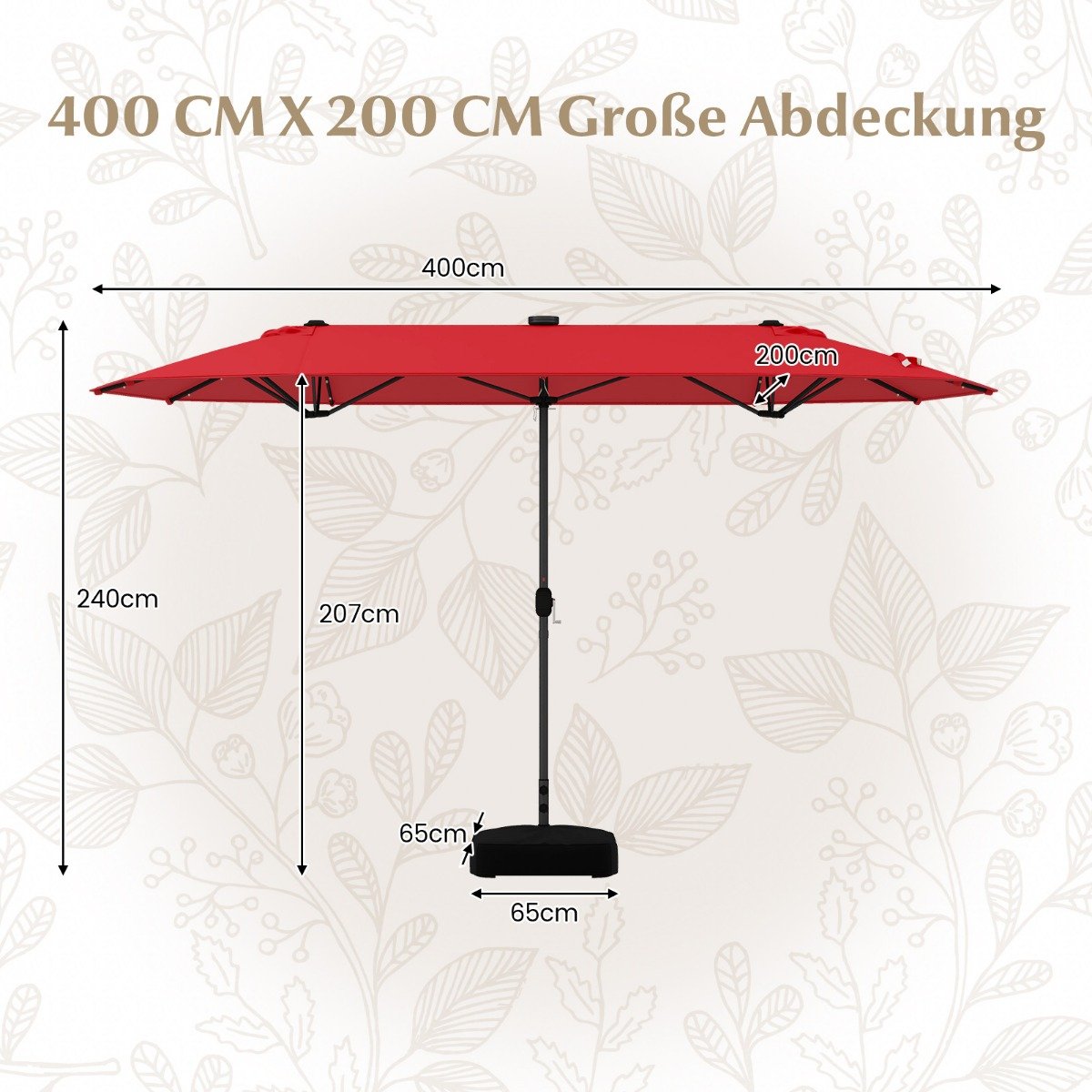 Double-Sided Patio Umbrella with Stand & LED Lights, 400x200 cm