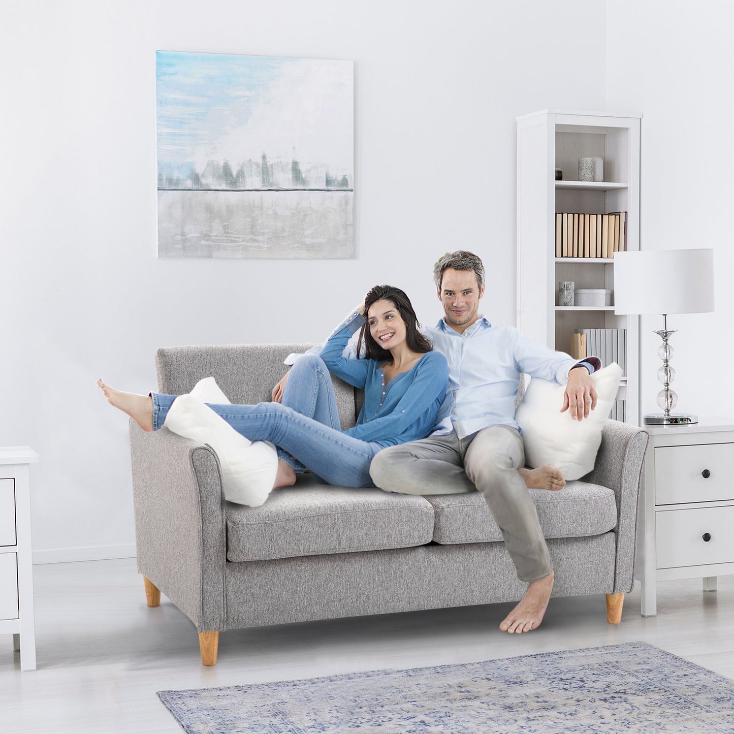 Comfortable double sofa in linen with removable cushions, light grey